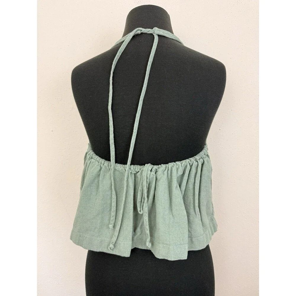 Free People Free-Est Melted Away Cotton Linen Cropped Top Sz Small Halter Green